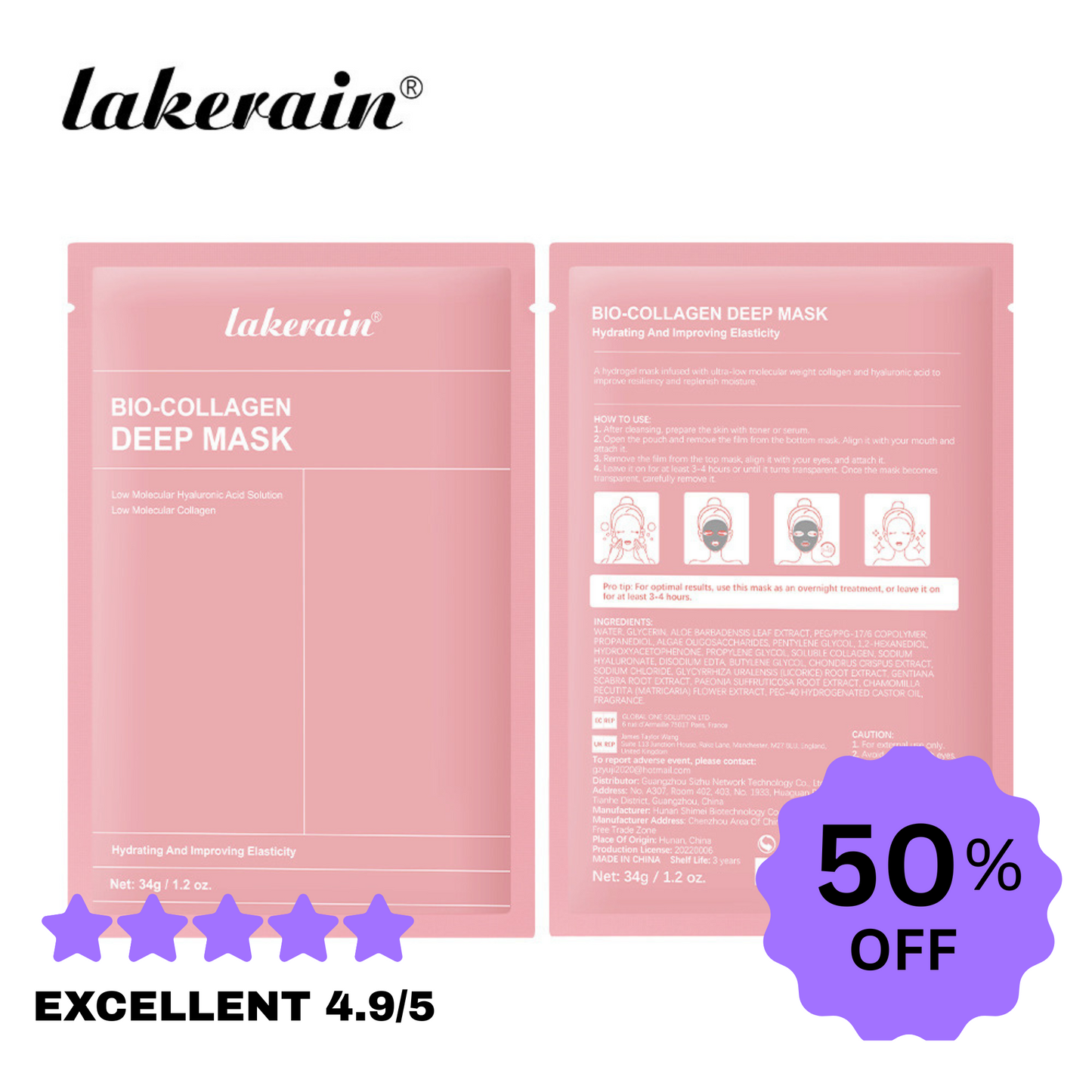 Lakerain Collagen-Gesichtsmasken – Feuchtigkeitsspendende und aufhellende Hydrogel-Nachtmaske (34 g, 4 Stück)