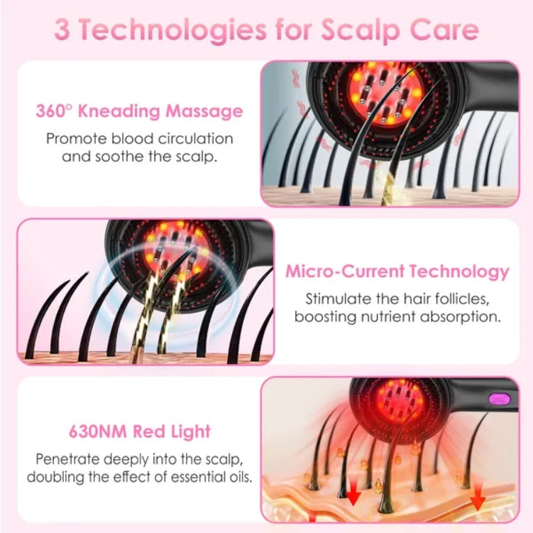 3-in-1-Kopfhautmassagebürste mit Rotlicht – Kabelloser Haaröl-Applikator und Massagekamm, 3 Modi, wiederaufladbar, IPX7-wasserdicht
